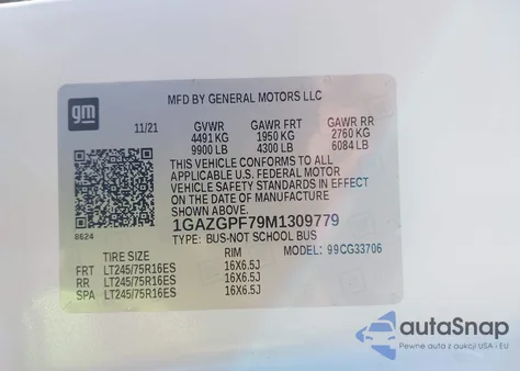 2021 Chevrolet Express Passenger Rwd 3500 Extended Wheelbase Lt from USA, damaged, VIN 1GAZGPF79M1309779